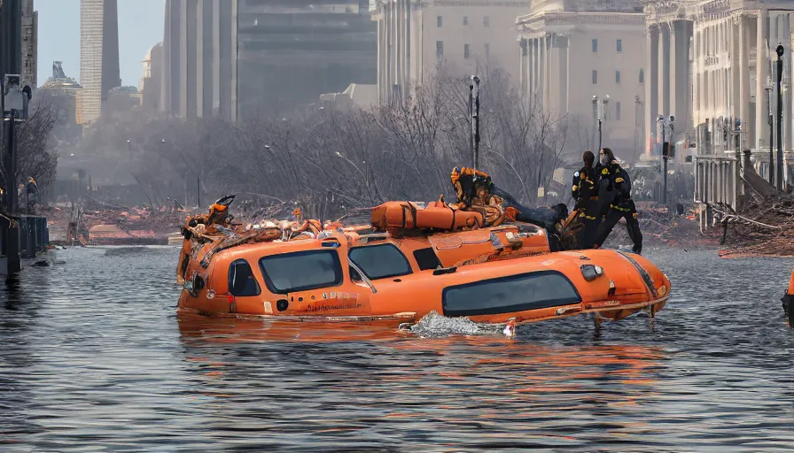 Image similar to lifeboat crossing washington dc streets after devastating tsunami, collapsed buildings in the water, rescuing people, sunny day, hyperdetailed, artstation, cgsociety, 8 k