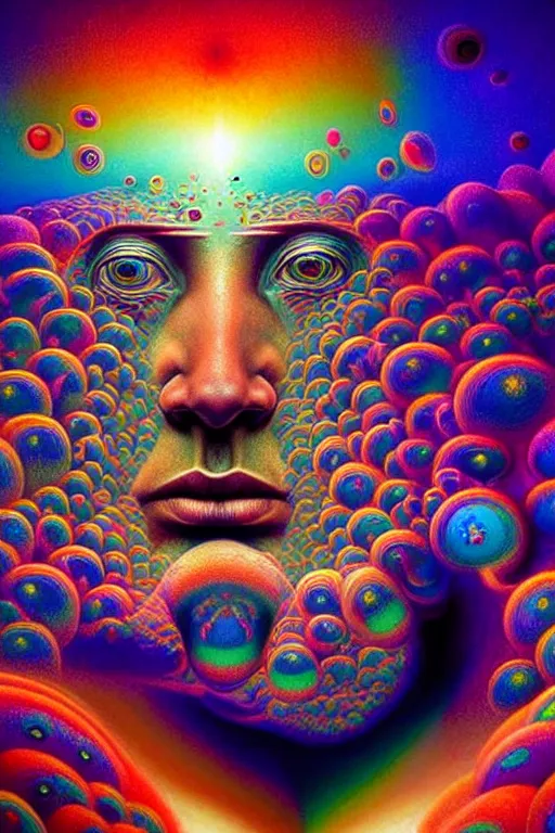 Image similar to hyperrealistic abstract close-up Renaissance psychedelic!! celestial happy! pure creature!! peaceful! kind spirit of nature! beautiful fractal!! eyes! highly detailed concept art eric zener elson peter cinematic hard rainbow lighting high angle hd 8k sharp shallow depth of field endless space, inspired by Zdzisław Beksiński Salvador Dali