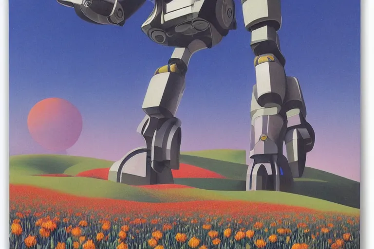 Image similar to giant mecha robot, blooming hills with spring flowers and pillars by helen lundeberg