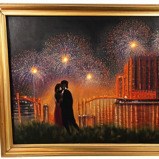 Prompt: an oil painting of couple kissing, in a background fireworks in new york