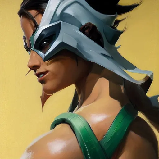 Image similar to greg manchess portrait painting of jade from mortal kombat as overwatch character, medium shot, asymmetrical, profile picture, organic painting, sunny day, matte painting, bold shapes, hard edges, street art, trending on artstation, by huang guangjian and gil elvgren and sachin teng