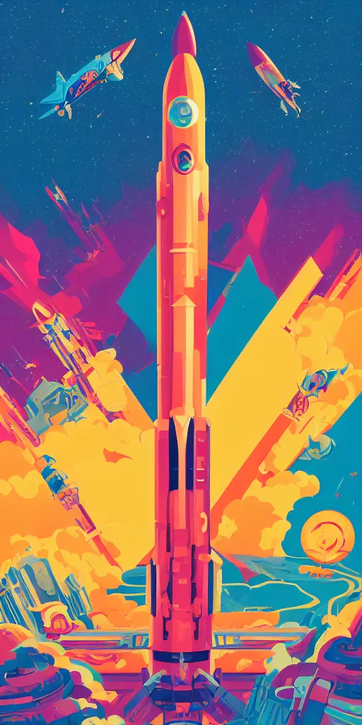 Prompt: cursed multicolored large rocket ship blasting off, center of image, tom whalen, james gilleard, liam brazier, tristan eaton