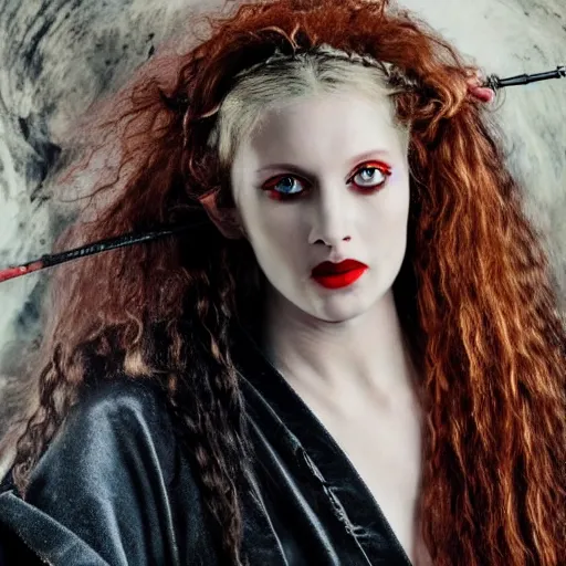 Image similar to a beautiful english woman with a long face narrow nose pale skin blue eyes red lips and wild messy tangles of curly white blonde hair, high resolution film still wearing a black robe and skull necklace and holding a spear, sandy, a journey to the west