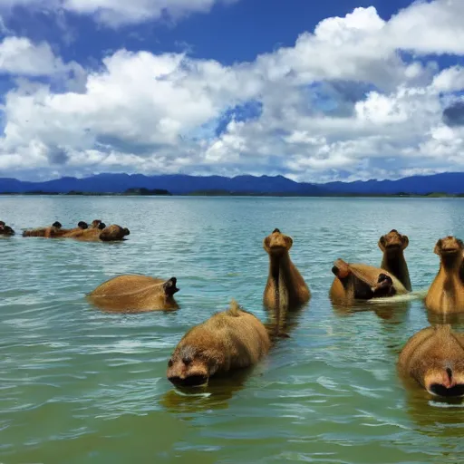 Prompt: A Bunch of Capybaras Swimming In A Tropical Lake