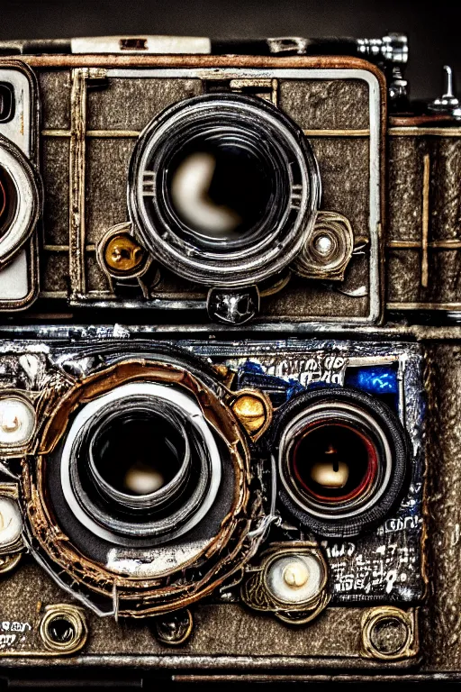 Prompt: A photo of a very old opened camera with film, vacuum tubes, capacitors and coils inside by Richard Kuiper and Steve McCurry, grungy, weathered Ultra detailed, hyper realistic, 4k