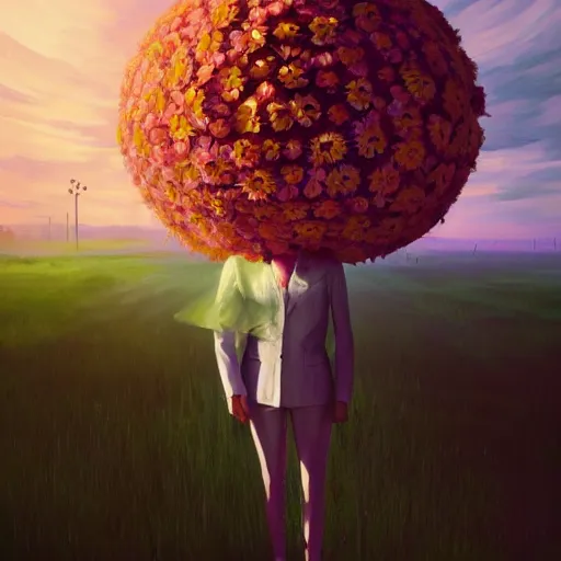 Image similar to giant daisy flower head, frontal, girl in a suit, surreal photography, sunrise, dramatic light, impressionist painting, digital painting, artstation, simon stalenhag