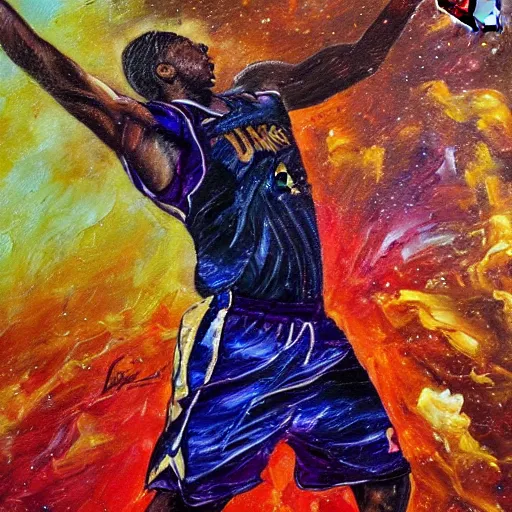 Image similar to An expressive oil painting of a basketball player dunking, depicted as an explosion of a nebula, dramatic, award-winning