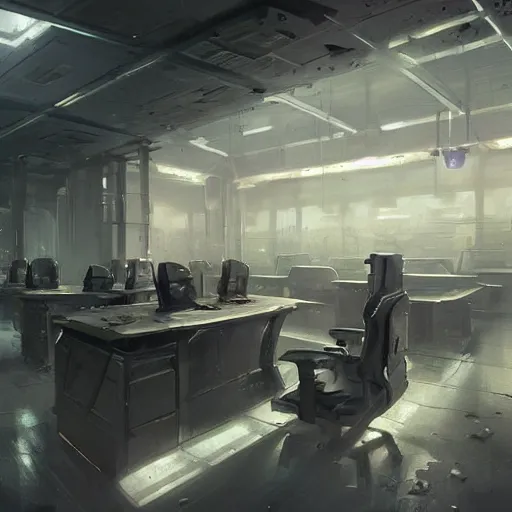 Prompt: concept art by greg rutkowski, the interior of a futuristic police station converted as a shelter, dim lighting, the windows were covered with steel plates and the desks as barricades, depressing atmosphere, scifi, digital painting, artstation, concept art, smooth, sharp foccus ilustration, artstation hq