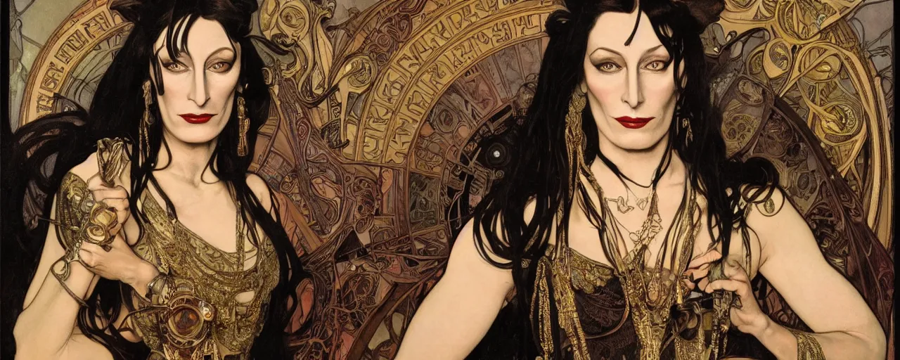 Prompt: stunning exotic art nouveau portrait of anjelica huston as an industrial dieselpunk queen of the night by glenn fabry, simon bisley and alphonse mucha, photorealism, extremely hyperdetailed, perfect symmetrical facial features, perfect anatomy, ornate declotage, spikes, latex, confident expression, wry smile, sinister eyes