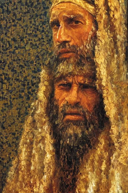 Prompt: highly detailed palette knife oil painting of a historically accurate depiction of the ancient biblical israeli man moses, thoughtful, by Peter Lindbergh, impressionistic brush strokes, painterly brushwork