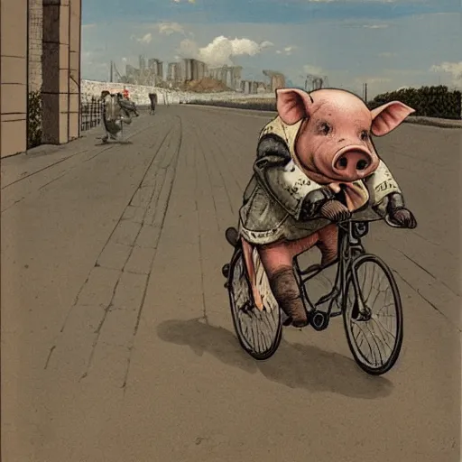 Prompt: a pig riding a bicycle on the road by the seaport,detailed heye illustraion by Hugo Prades