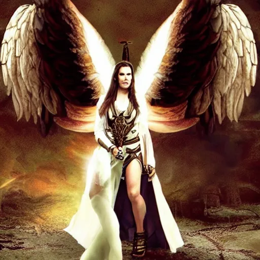 Prompt: full body photo of liv tyler as an angel warrior with heavenly weapons