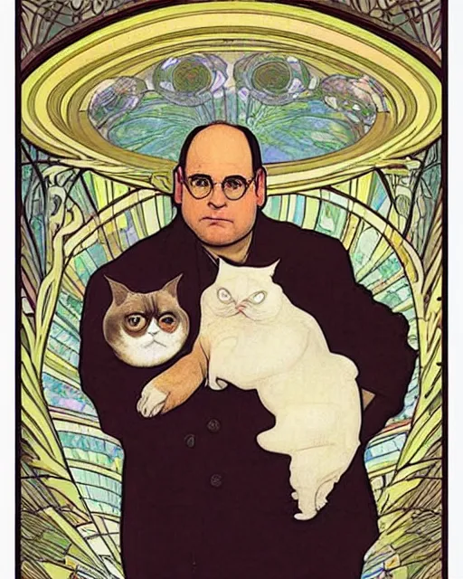 Image similar to “ george costanza!!!!!!!!!!!!! from seinfeld holding grumpy cat, halo, art nouveau, extremely detailed, by alphonse mucha ”