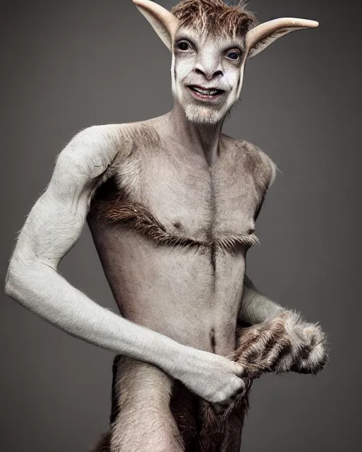 Image similar to actor Doug Jones in Elaborate Pan Satyr Goat Man Makeup and prosthetics designed by Rick Baker, Hyperreal, Head Shots Photographed in the Style of Annie Leibovitz, Studio Lighting