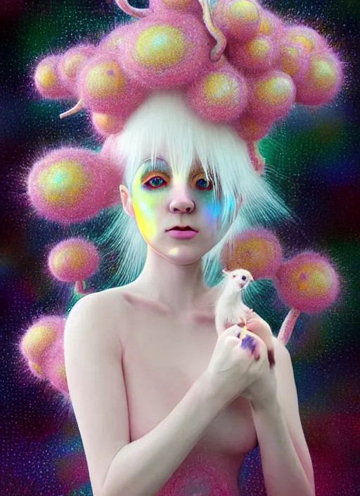 Image similar to hyper detailed 3d render like a Oil painting - kawaii portrait Aurora (white haired Singer Ferret) seen Eating of the Strangling network of yellowcake aerochrome and milky Fruit and Her delicate Hands hold of gossamer polyp blossoms bring iridescent fungal flowers whose spores black the foolish stars by Jacek Yerka, Mariusz Lewandowski, Houdini algorithmic generative render, Abstract brush strokes, Masterpiece, Edward Hopper and James Gilleard, Zdzislaw Beksinski, Mark Ryden, Wolfgang Lettl, hints of Yayoi Kasuma, octane render, 8k