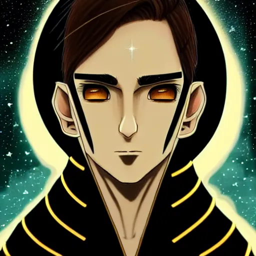 Prompt: a man with with brown hair, eyes with stars and galaxies in his eyes, wearing a black robe with the tips made of gold, anime, trending on artstation, high quality