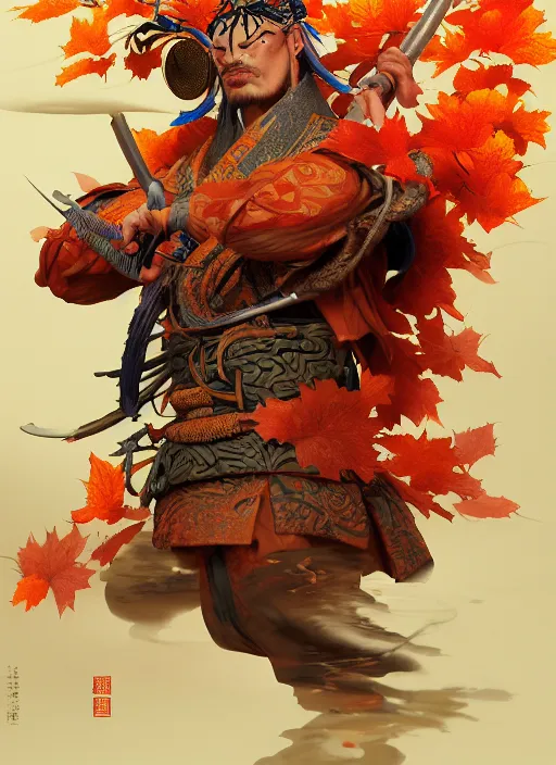 Image similar to koi themed samurai in autumn color kimono, subsurface scattering, by jesper ejsing, justin gerard, tomasz alen kopera, cgsociety and fenghua zhong, highly detailed, rim light, cinematic lighting, illustration, art, octane render, very coherent, cinematic, hyper realism, high detail, octane render, 8 k