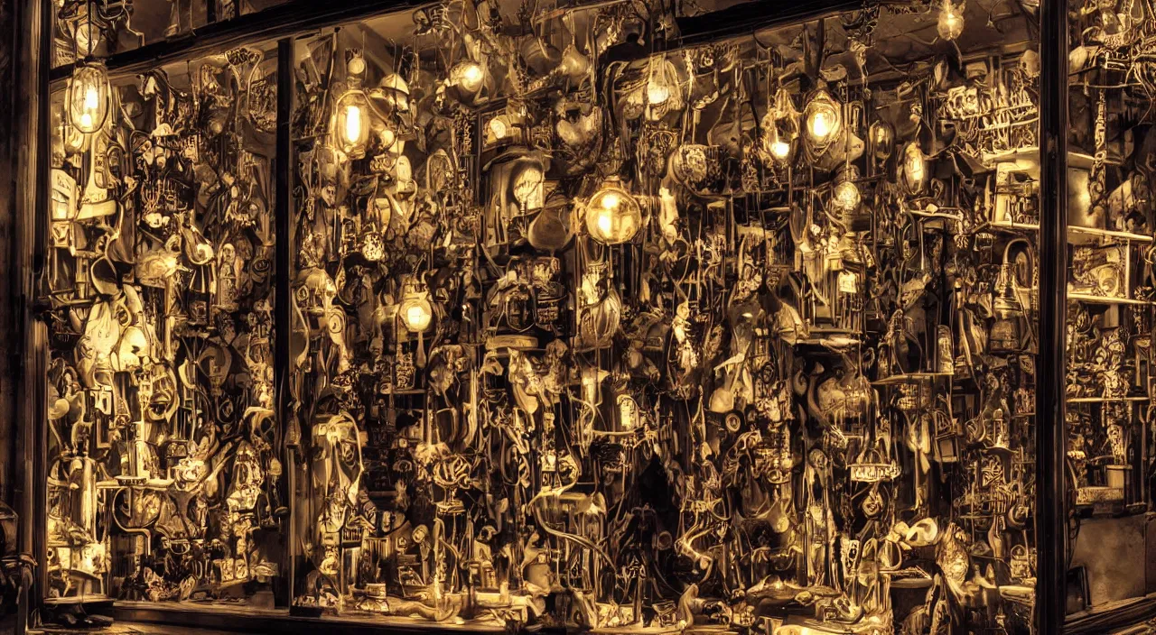 Prompt: steampunk shop window by junji ito, darkness, neon lights, photo realistic, completely filled with interesting oddities, things hanging from ceiling, light bulbs, cinematic