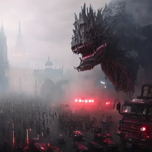 Image similar to truck stampede by Greg Rutkowski, Sung Choi, Mitchell Mohrhauser, Maciej Kuciara, Johnson Ting, Maxim Verehin, Peter Konig, Bloodborne, macro lens, 35mm, 8k photorealistic, cinematic lighting, HD, high details, atmospheric