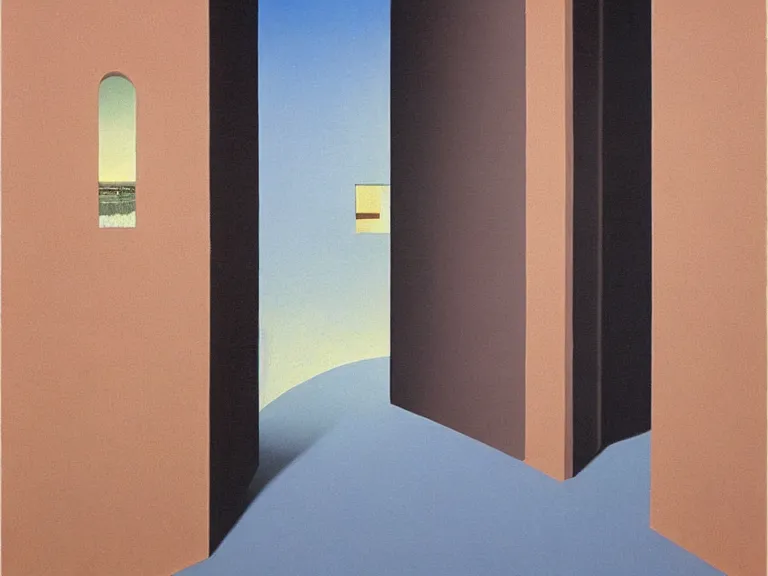 Prompt: an open door to nothingness in brick wall with endless hallway inside, painting by rene magritte, high detail, high resolution