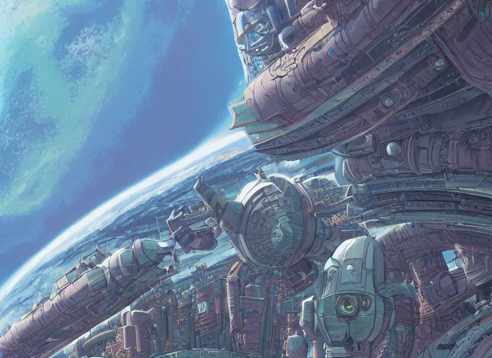 Image similar to close up view of a bustling space port on an alien planet by jeff darrow and moebius, earth and pastel colors, dramatic perspective, detailed, realistic, masterpiece, 4 k, 8 k