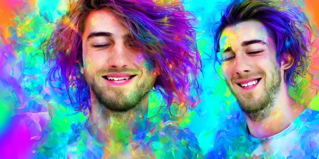Image similar to beautiful young man smiling running his hand through his hair, digital art, colourful, digital art, realistic, seductive.