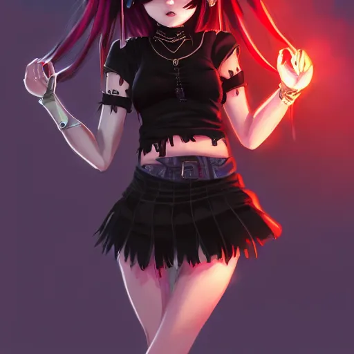 Image similar to goth anime girl in mini skirt and crop top intricate, extremely detailed, digital painting, artstation, concept art, smooth, sharp focus, illustration, intimidating lighting, incredible art,