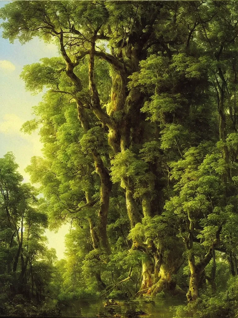 Image similar to Beautiful treehouse in a ((lush green forest)) by ivan shishkin and aivazovsky, oil on canvas, highly detailed, masterpiece