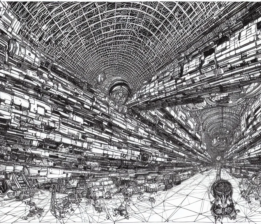 Prompt: empty very dark cargo hall and large corridor of huge huge space ship containing cages with cosmic animals ultra detailed ink drawing by james jean