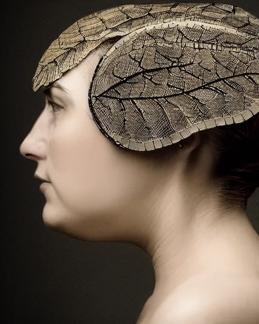 Image similar to a woman's face in profile, wearing a vintage motorcycle helmet made of intricate delicate leaf skeleton, in the style of the dutch masters and gregory crewdson, dark and moody