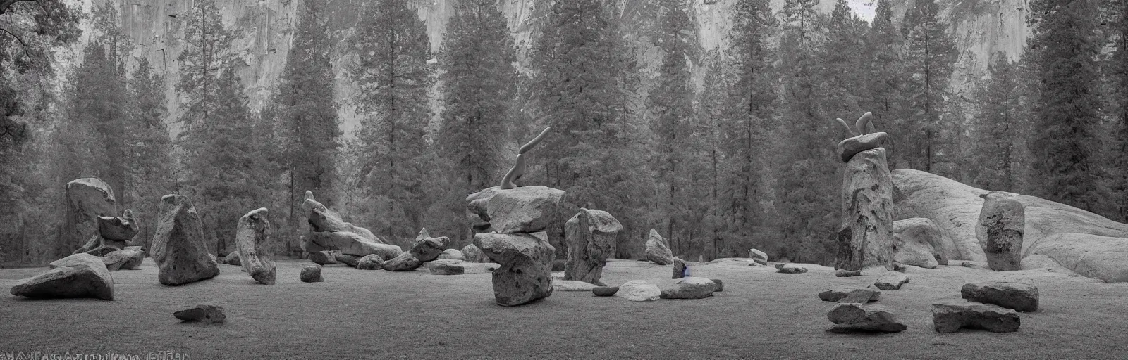 Prompt: to fathom hell or soar angelic, just take a pinch of psychedelic, medium format photograph of two colossal minimalistic necktie sculpture installations by antony gormley and anthony caro in yosemite national park, made from iron and marble, granite peaks visible in the background, taken in the night