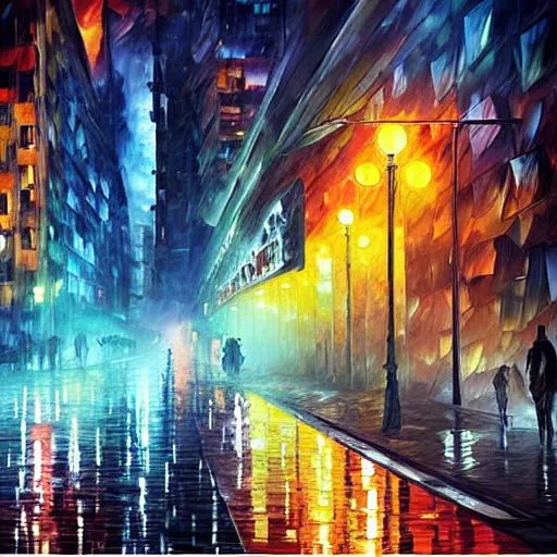 Image similar to “cyberpunk city in the rain, dystopian, style of leonid afremov”