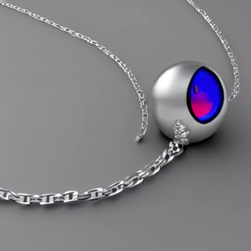 Prompt: futuristic ball chain silver necklace with 3 d behelit pendant with glowing eyes, octane render, hd, raytraced, product