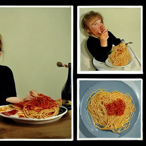 Image similar to girl eats spaghetti and crying spaghetti, style of Salvador Dali