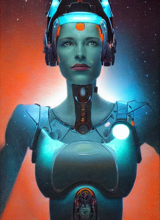 Prompt: symmetry portrait of a cyborg female scientist, visor, cinematic light, backlight glow, teal orange, mist, by gerald brom, by mikhail vrubel, by peter elson, muted colors, extreme detail, trending on artstation, 8 k