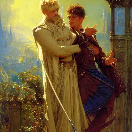 Image similar to arthur pendragon in love with male merlin the mage. they are in love. highly detailed painting by gaston bussiere, craig mullins, j. c. leyendecker