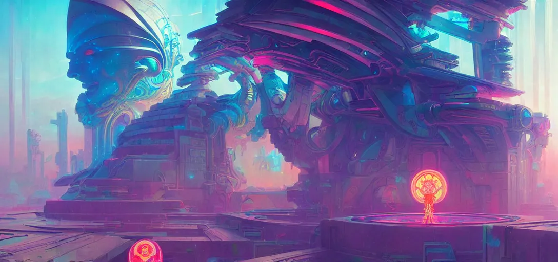 Image similar to a cybernetic temple, vaporwave aesthetic, colorful, psychedelic, digital painting, artstation, concept art, smooth, sharp focus, illustration, art by artgerm and greg rutkowski and alphonse mucha