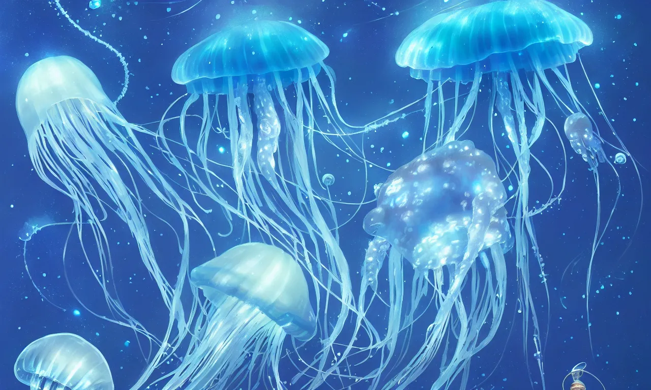 Image similar to detailed jellyfish in space, blue tones, underwater, full frame, highly detailed, digital painting, artstation, concept art, smooth, sharp focus, illustration, art greg rutkowski and alphonse mucha