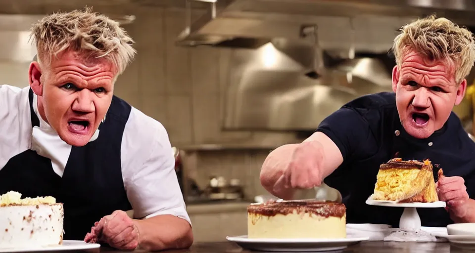 Image similar to photo of angry furious Gordon Ramsay smashing a cake in Gordon Ramsay's face at the kitchen