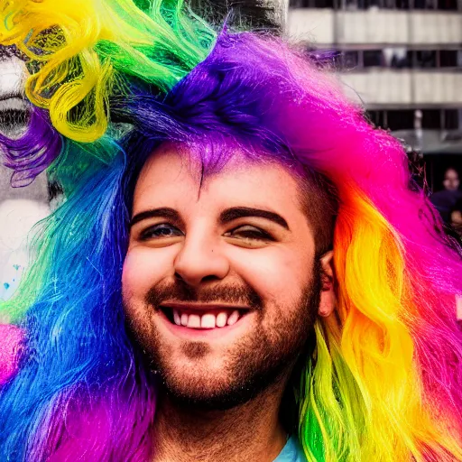 Image similar to a portrait of a happy queer man at pride with rainbow hair and painted nails, rendered in octane, shallow depth of field