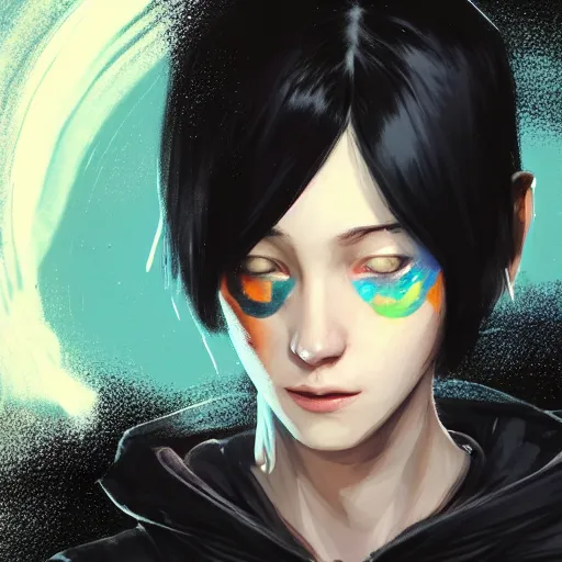 Image similar to a pale skinny white young girl with black hair, the hime cut, 1 8, in a black hoodie, and a cat, apex legends character, digital illustration portrait design, by android jones and greg rutkowski, retrowave color scheme, detailed, cinematic lighting, wide angle action dynamic portrait