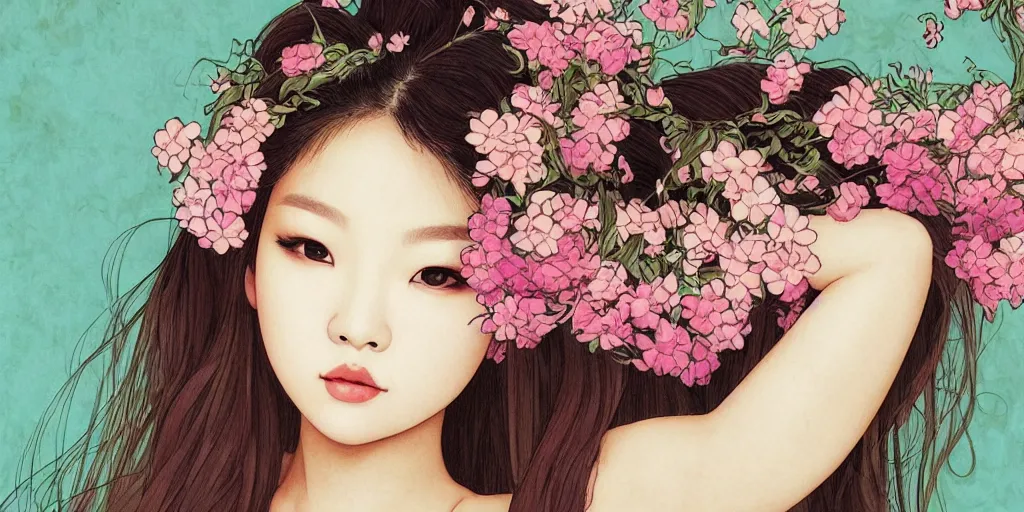 Prompt: a portrait of a very seductive Jennie Kim Blackpink, hair full of flowers, photoillustration, realistic, closeup, facing the camera, dramatic lighting, in the style of WLOP and Alphonse Mucha and Kim Deuk-sin