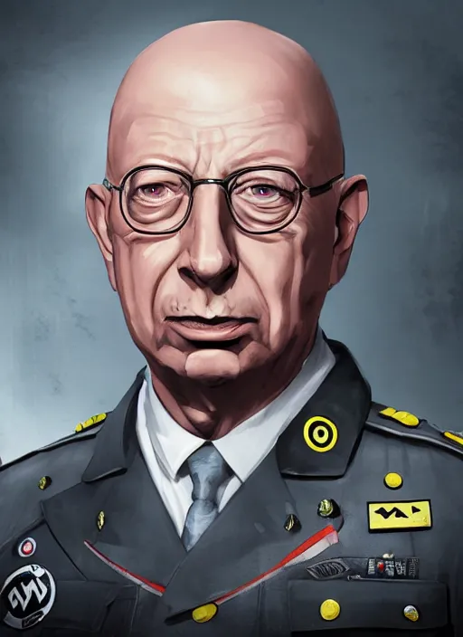 Image similar to an epic fantasy comic book style portrait painting of Klaus Schwab dressed as a Nazi, unreal 5, DAZ, hyper realistic, octane render, dynamic lighting