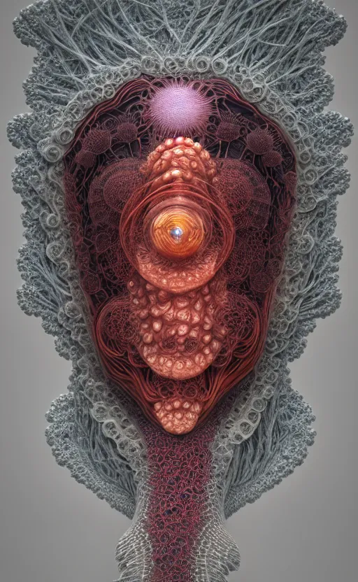 Image similar to portrait intricate mask, eagle coral, jelly fish, mandelbulb 3 d, fractal flame, octane render, cyborg, biomechanical, futuristic, by ernst haeckel