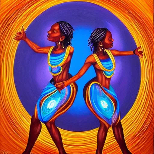 Prompt: african women dancing around a blue glowing portal to another dimension by amanda sage, oil on canvas, trending on artstation