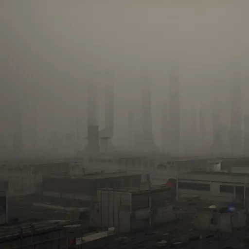 Prompt: A dystopian factory generating human clones, dense smog, dramatic lighting