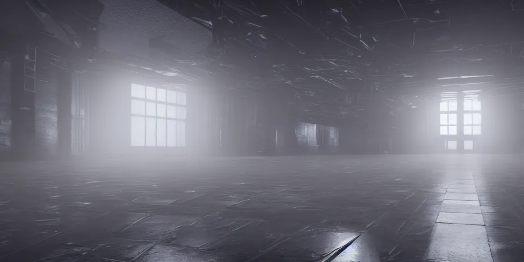 Image similar to a long angle shot of a big dark room with white lights on the celling, highly detailed, unreal engine, 4 k, dark, moody, foggy, game render, hyper realistic