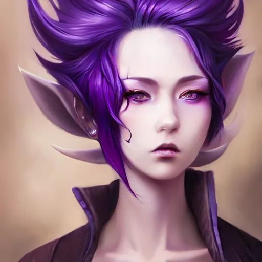 Prompt: beautiful anime woman with purple hair, a horn! on her forehead, purple eyes, a purple tuxedo, sharp focus, intricate, cell shaded, award winning photography, cinematic, digital painting, cinematic, wlop, 8 k, by ross tran, tom bagshaw