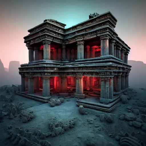 Prompt: ancient temple carved in opal, desolate and lush landscape, moody, :: by Jeff Koons, Dan McPharlin Daniel Merrian :: ornate, dynamic, particulate, rich colors, intricate, elegant, highly detailed, centered, artstation, smooth, sharp focus, octane render, 3d