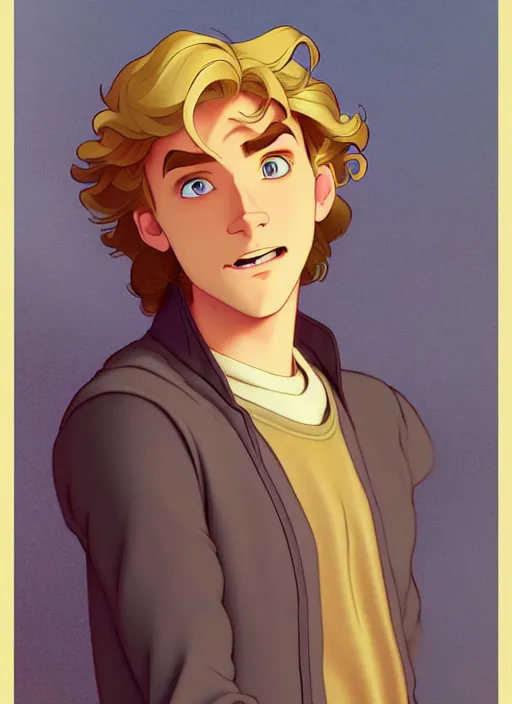 Image similar to young man with medium - length, curly, golden hair, aquamarine eyes, natural lighting, path traced, highly detailed, high quality, cartoon, digital painting, by don bluth and ross tran and studio ghibli and alphonse mucha